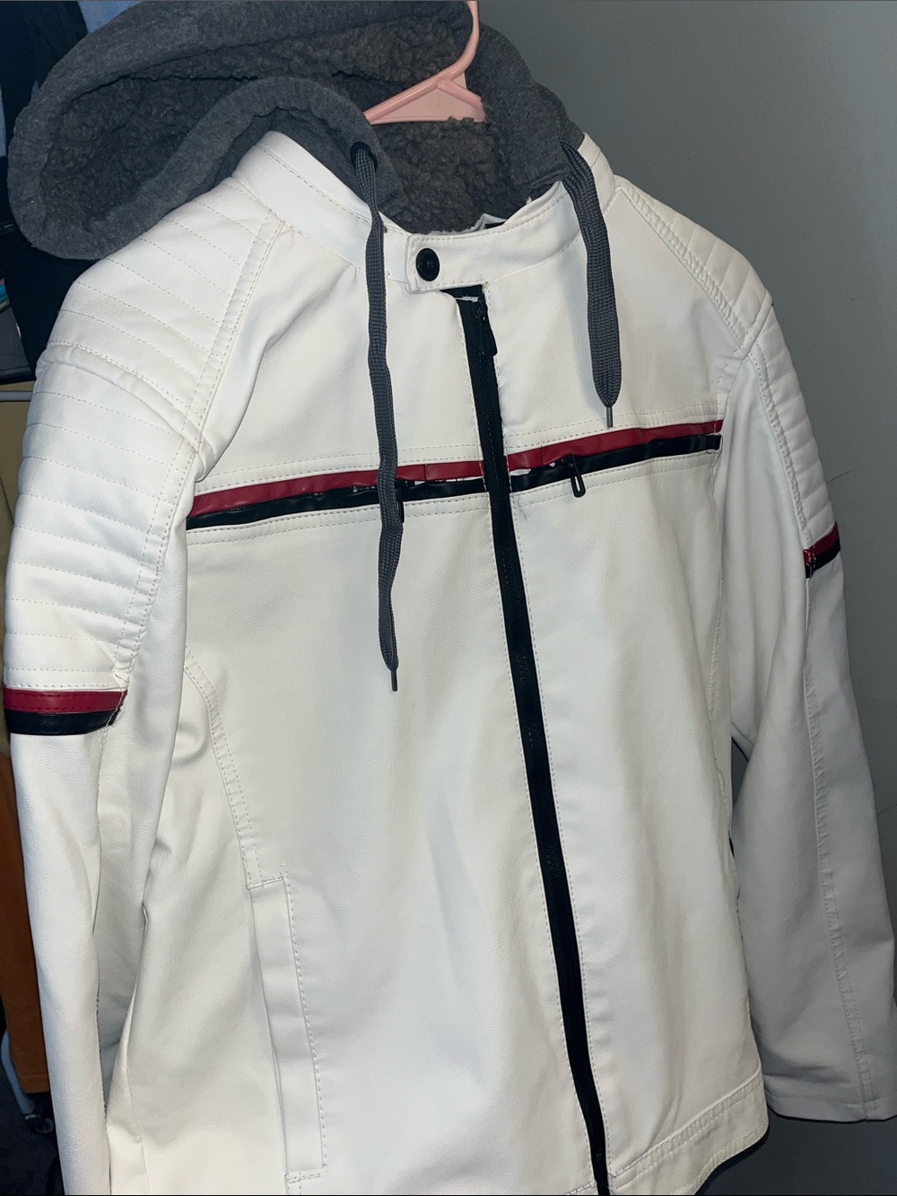 Men's White Bomber Jacket with Red & Black Trim and Hood